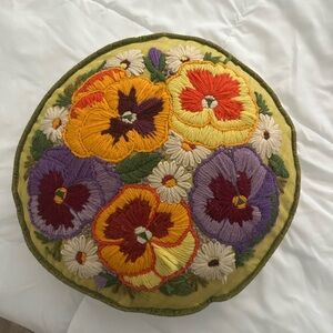 Bucilla Pansy Patch Green Floral Embroidered Round Pillow 1970s